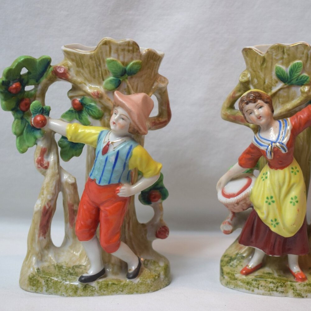 Vintage Pair Royal Japan Vase Figures Boy  Girl  Harvesting Apples